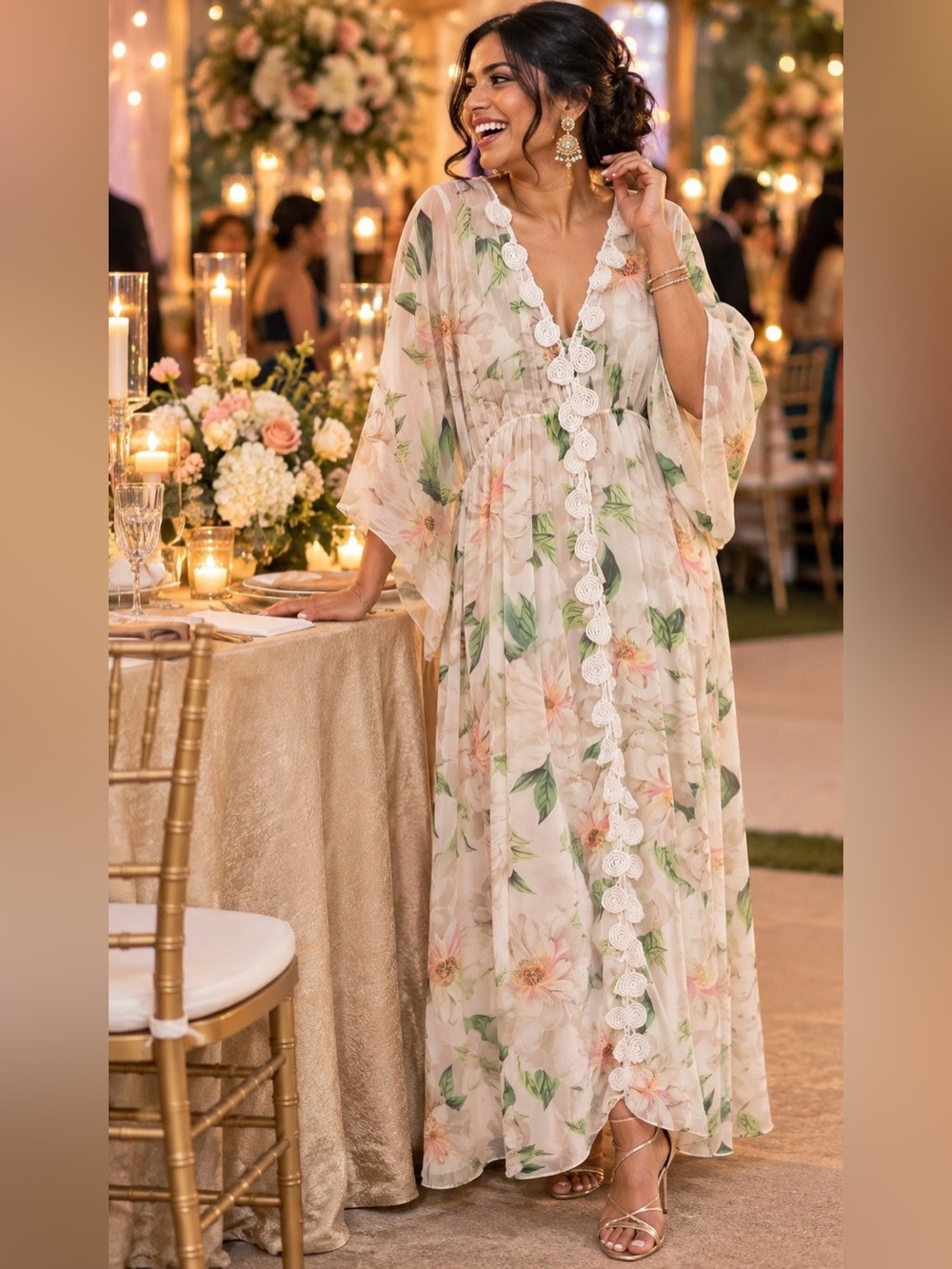 Farm Rio - Floral Cream Maxi Dress with Lace Trim